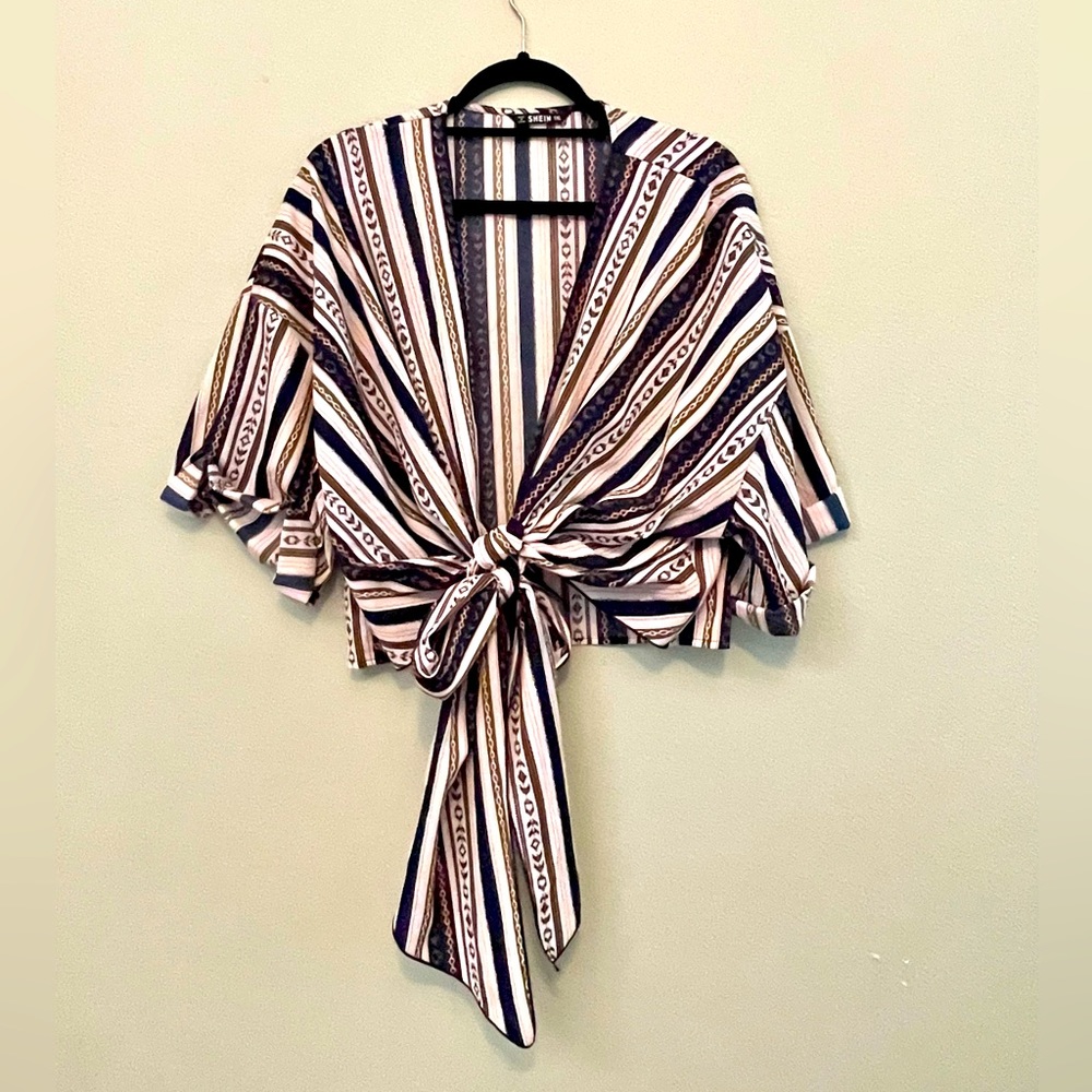 Shein boho wrap top, crop top, swimsuit cover, bow, chiffon, striped